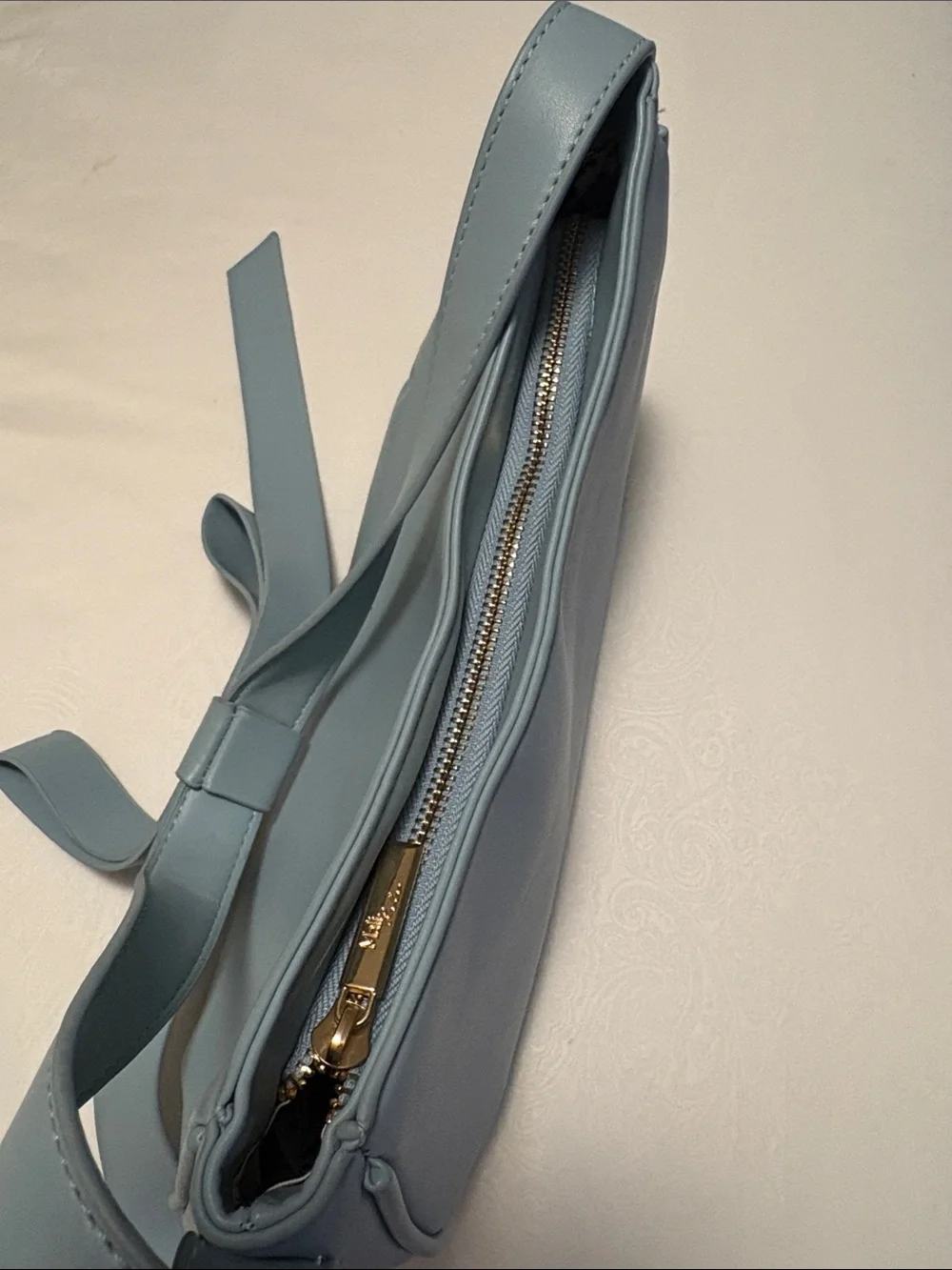 Sleek Dusty Blue Shoulder Bag with Bow Strap